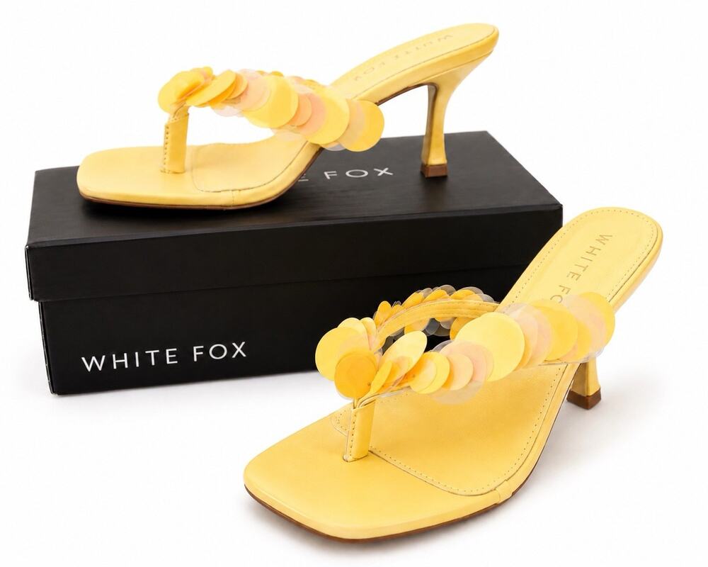 White Fox Imogen Sequin Mules Lemon Yellow Heels Size 8 Thong Sandals NIB